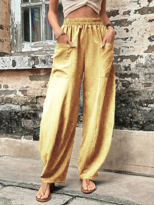Damen Weite Leinenhose mit elastischem Bund, aufgesetzten Taschen und lässigem Harem-Schnitt Echoarchiv
