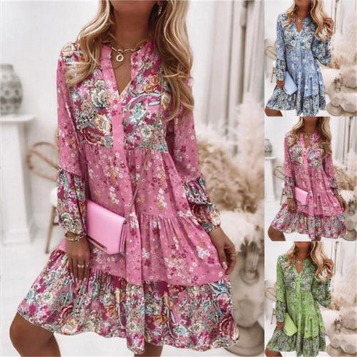 Damen nan florales Boho-Kleid mit V-Ausschnitt und Stufenrock Echo Archiv