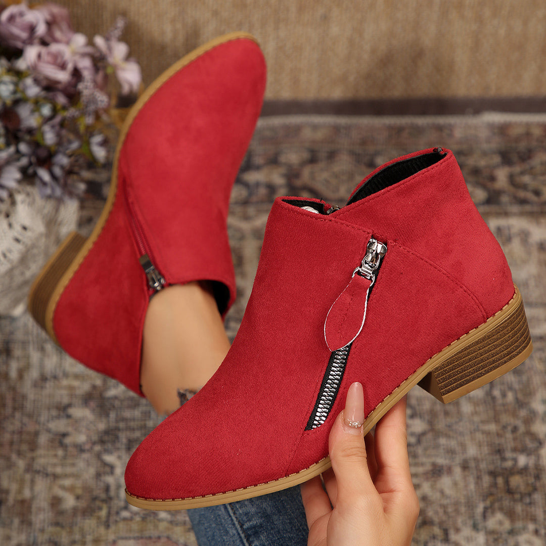 Damen Moderne Kurzschaft-Stiefelette mit sichtbarem Metallreißverschluss und niedriger Holzoptik-Blocksohle – Varelle