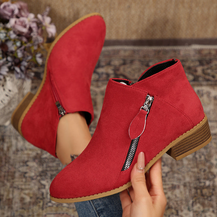 Damen Moderne Kurzschaft-Stiefelette mit sichtbarem Metallreißverschluss und niedriger Holzoptik-Blocksohle – Varelle