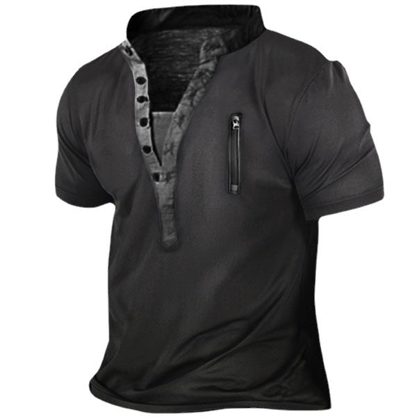 Herren Kurzarmshirt mit kreativem Stehkragen und praktischer Reißverschlusstasche Echoarchiv
