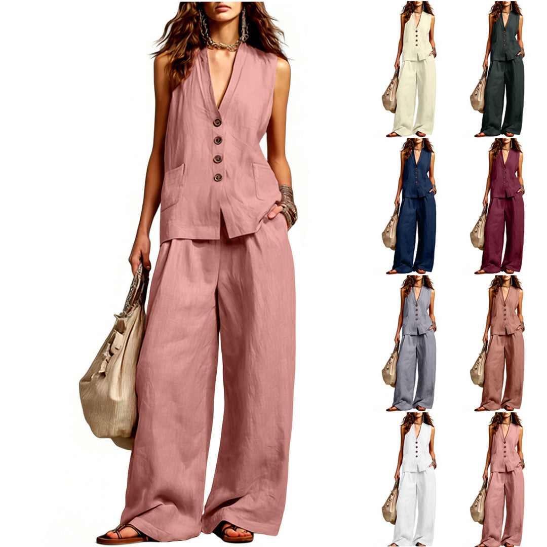 Damen Ärmelloses Longline-Westen und Palazzo-Hosen Set aus Leinenoptik – Célinea