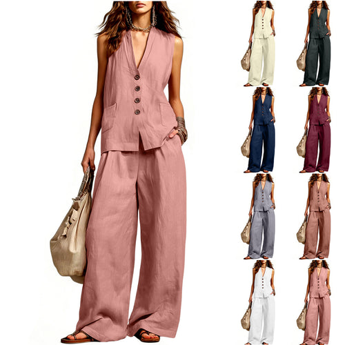 Damen Ärmelloses Longline-Westen und Palazzo-Hosen Set aus Leinenoptik – Célinea