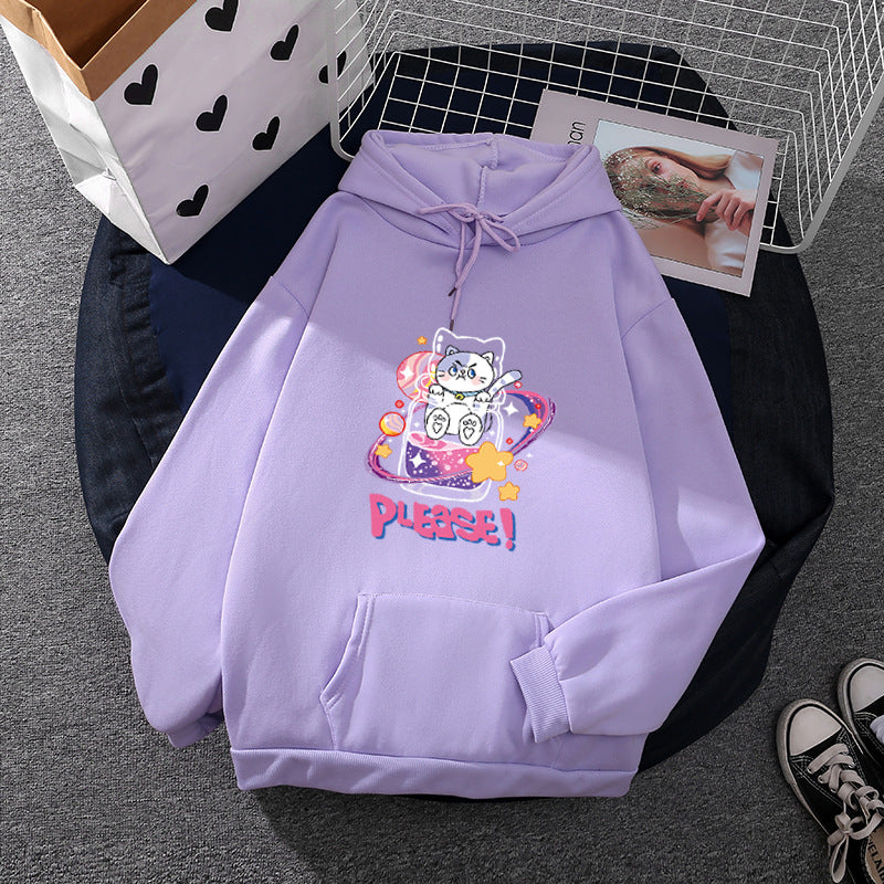 Damen oversized Kapuzenpullover im Streetstyle mit weichem Fleece-Innenfutter, Kängurutasche und farbenfrohem Cartoon-Katzen-Planet-Print – Auréline