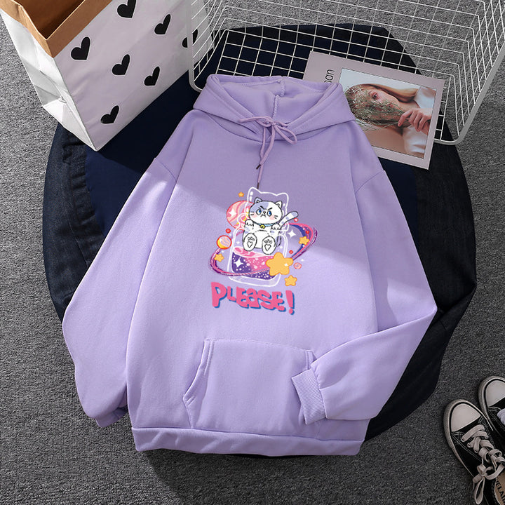 Damen oversized Kapuzenpullover im Streetstyle mit weichem Fleece-Innenfutter, Kängurutasche und farbenfrohem Cartoon-Katzen-Planet-Print – Auréline
