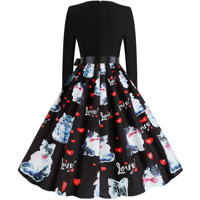 Damen Tailliertes Vintage-Swingkleid mit Satin-Taillenschleife, Langarm-Oberteil und printetem Tellerrock – Élara