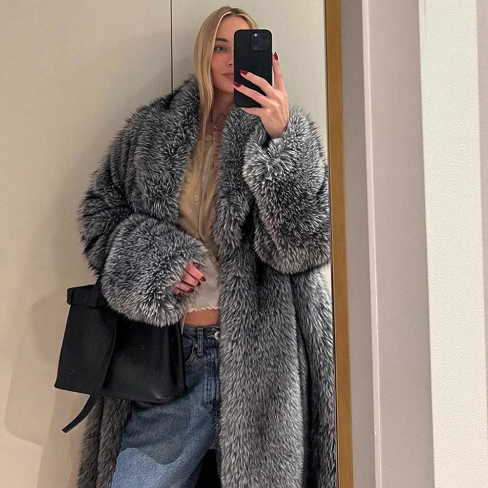 Damen Oversize langer Kunstpelz-Mantel mit voluminösen Ärmeln Echoarchiv