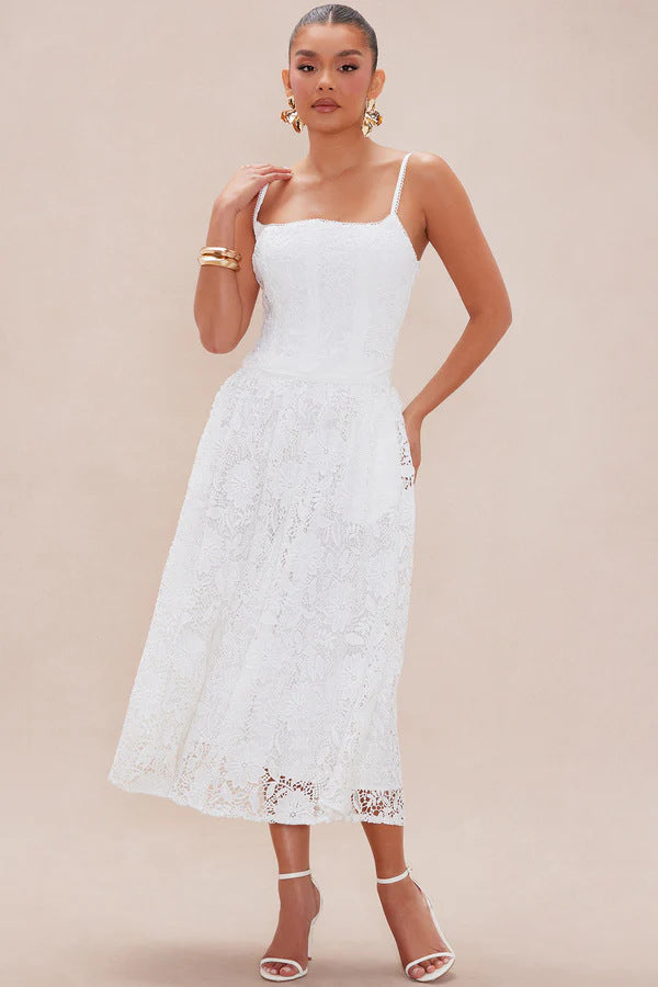 Damen Spitzen-Midi-Kleid mit zartem Blumenmuster und schwingendem Rock Echo Archiv