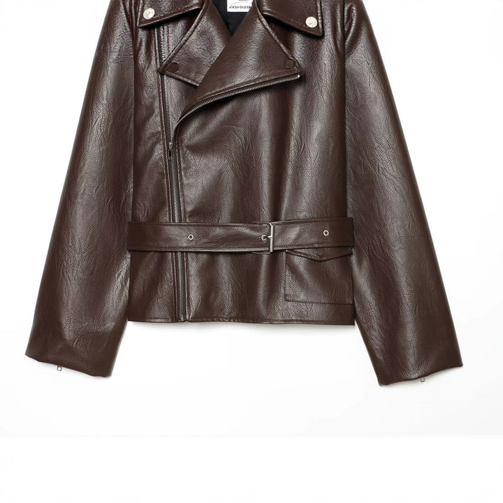 Damen Oversized Bikerjacke aus Kunstleder mit taillierendem Gürtel und asymmetrischem Reißverschluss Echo Archiv