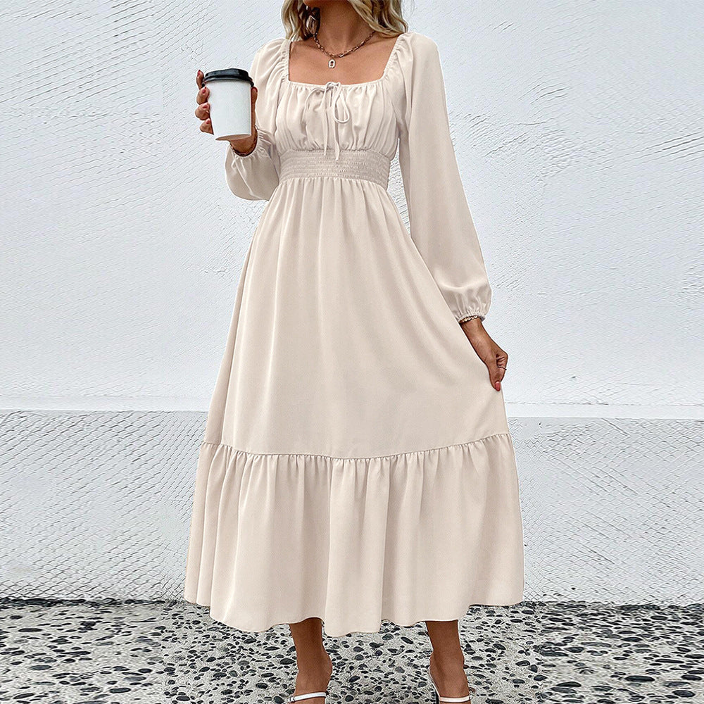 Damen gerafftes Midikleid mit Smok-Taillenbund, eckigem Ausschnitt, langen Puffärmeln und stufigem Volantrock – Élara