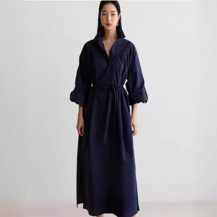 Damen Langärmliges Hemdblusen‑Maxikleid mit strukturierter Schulterpasse und Bindegürtel Echoarchiv