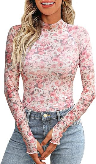 Damen Transparentes Mesh-Longsleeve mit Blumenprint und Stehkragen – Avérine