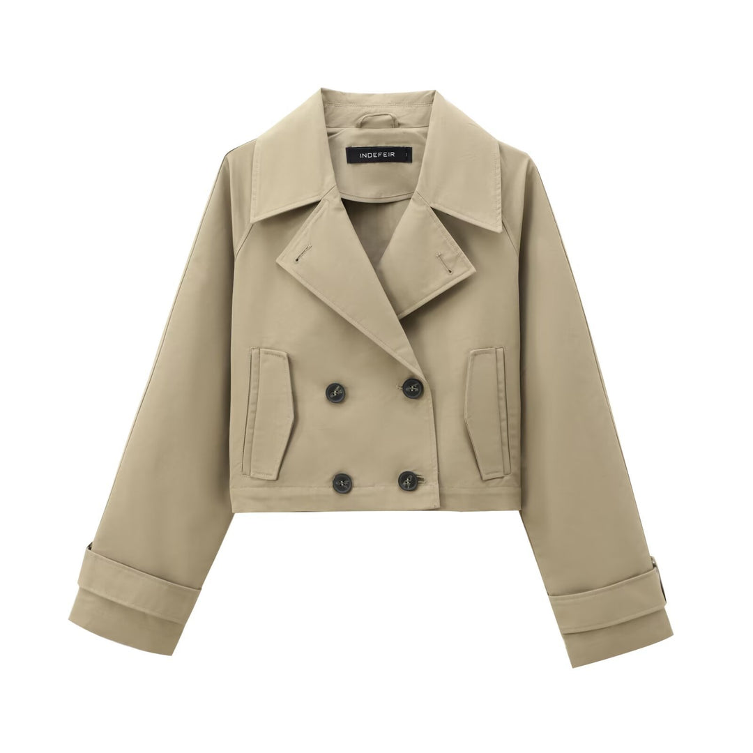 Damen kurze zweireihige Cropped Trenchjacke mit breitem Revers und verstellbaren Ärmelschnallen – Célinea