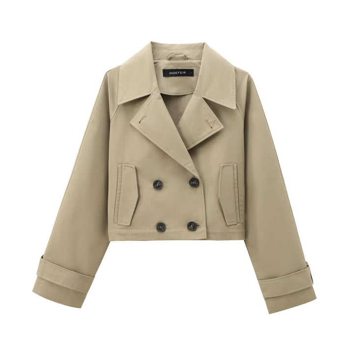 Damen kurze zweireihige Cropped Trenchjacke mit breitem Revers und verstellbaren Ärmelschnallen – Célinea