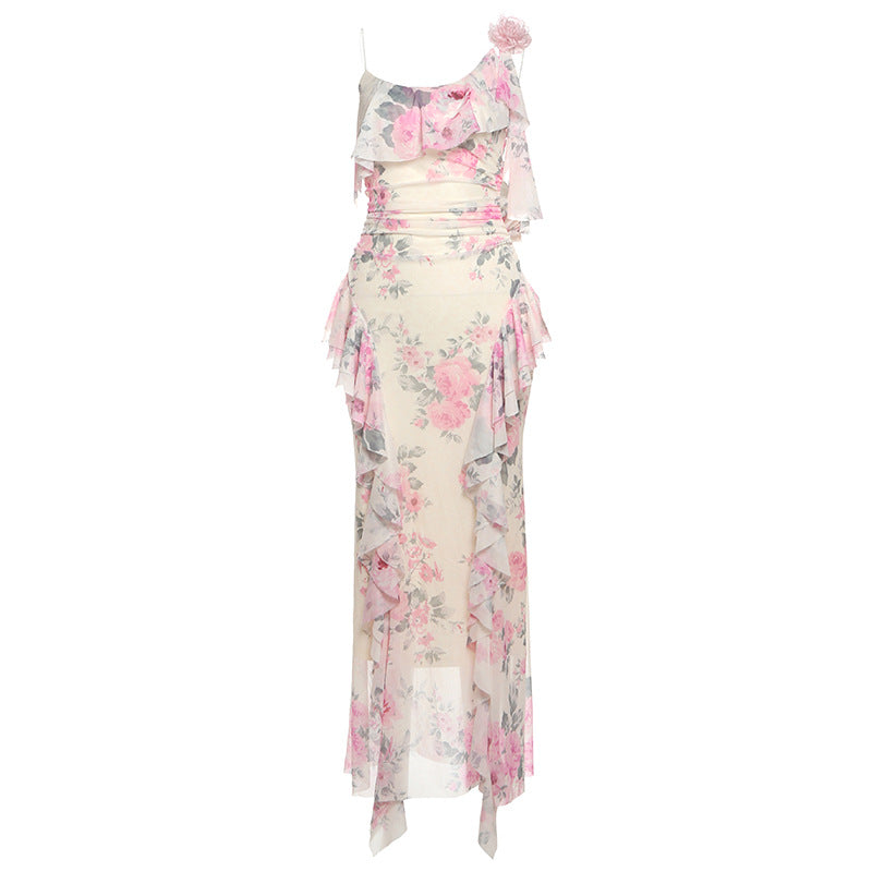 Damen Maxikleid mit floralem Rüschendesign und einem einseitigen Träger Echo Archiv