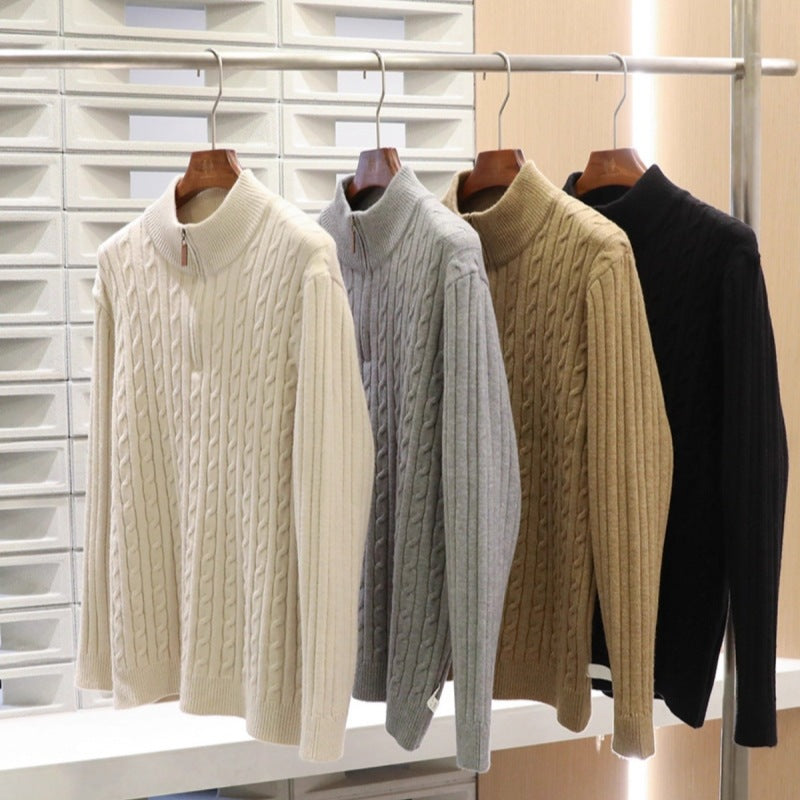 Herren Feinstrick-Pullover mit Zopfmuster und Halbzip-Stehkragen Echoarchiv