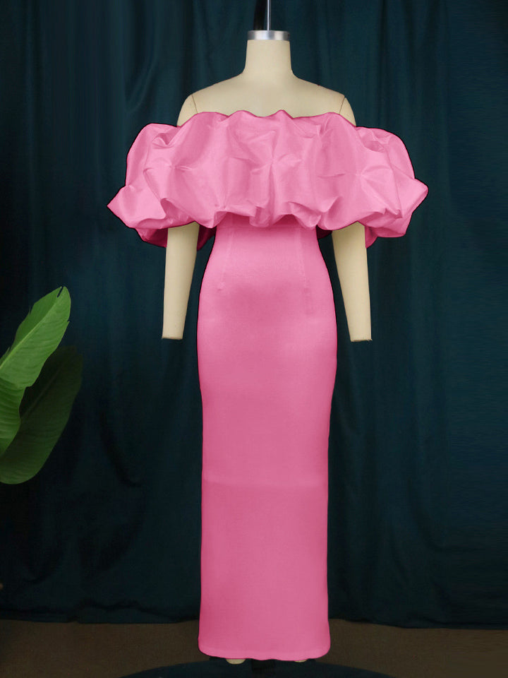 Damen Elegantes Off-Shoulder Maxikleid mit voluminösen Rüschensäumen Echo Archiv