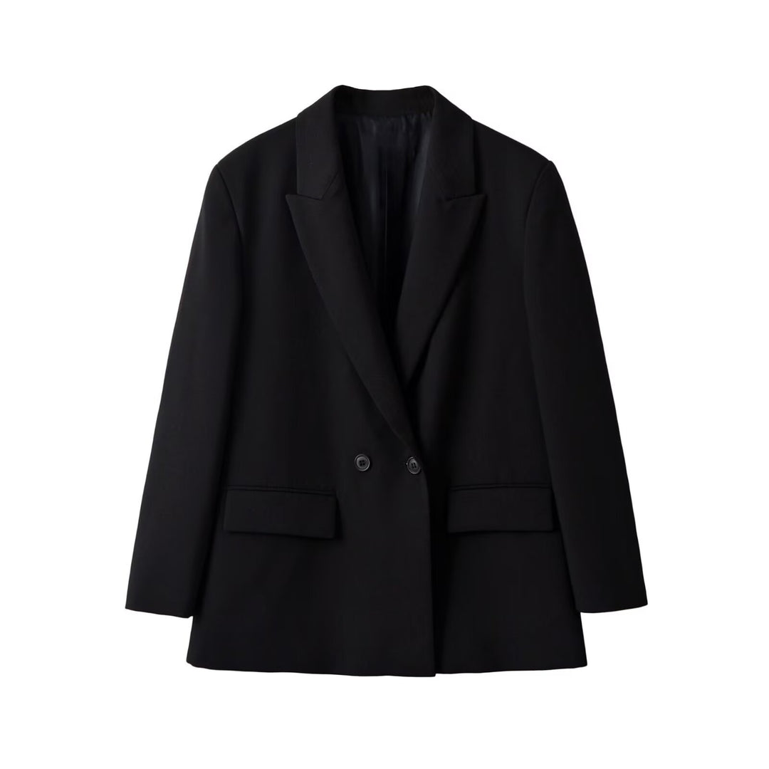 Damen Doppelreihiger Longblazer mit Reverskragen, tailliertem Schnitt und Pattentaschen Echoarchiv