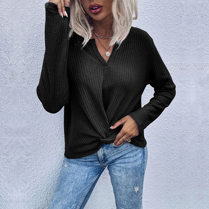 Damen Waffelstrick-Longsleeve mit V‑Ausschnitt und Knotenfront Echoarchiv
