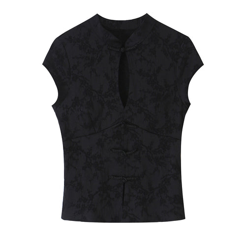 Damen Ärmelloses Cheongsam-inspiriertes Top mit Stehkragen und Zierknopfleiste Echoarchiv
