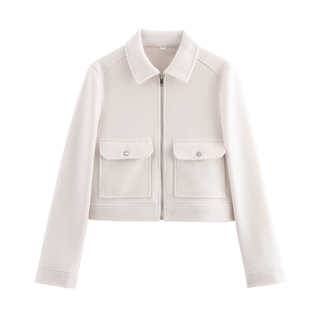Damen kurz geschnittene Wolloptik-Blousonjacke mit durchgehendem Reißverschluss und aufgesetzten Klappentaschen – Célinea