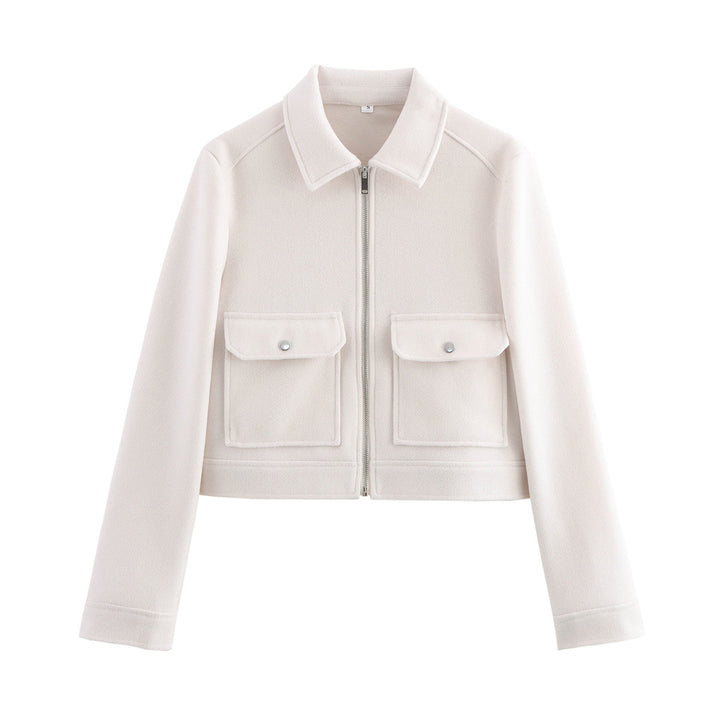 Damen kurz geschnittene Wolloptik-Blousonjacke mit durchgehendem Reißverschluss und aufgesetzten Klappentaschen – Célinea