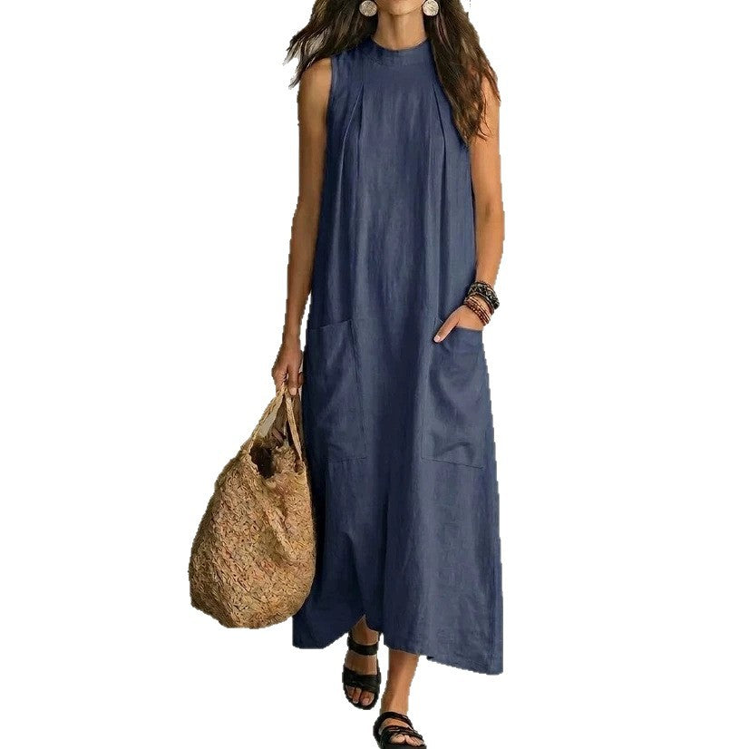 Damen nan ärmelloses Leinen-Maxikleid mit Stehkragen, Brustfalten und aufgesetzten Taschen Echo Archiv