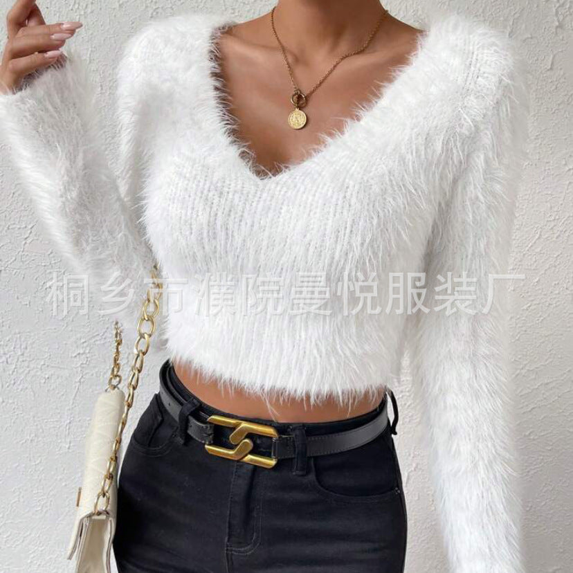 Damen Flauschiger Crop-Pullover mit V-Ausschnitt und Eyelash-Struktur – Mavelle