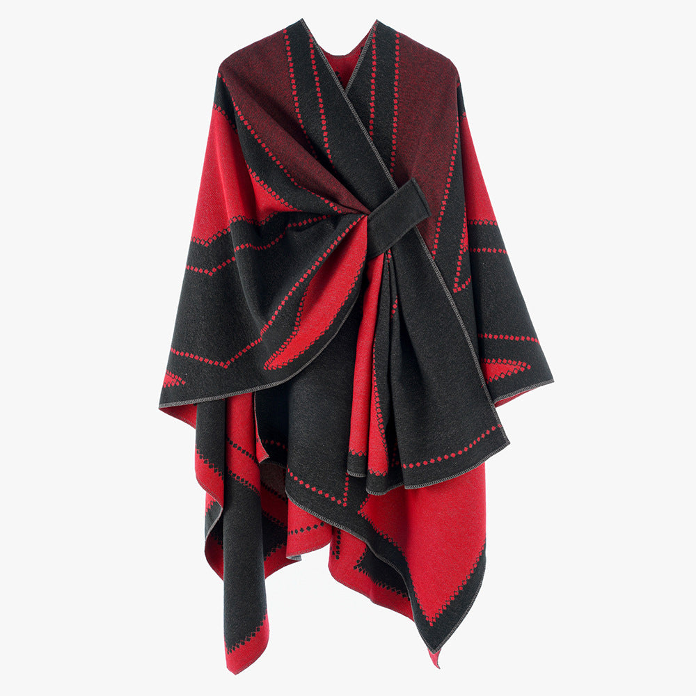 Damen Oversize-Cape aus Jacquard-Strick mit Bindeschlaufe Echo Archiv