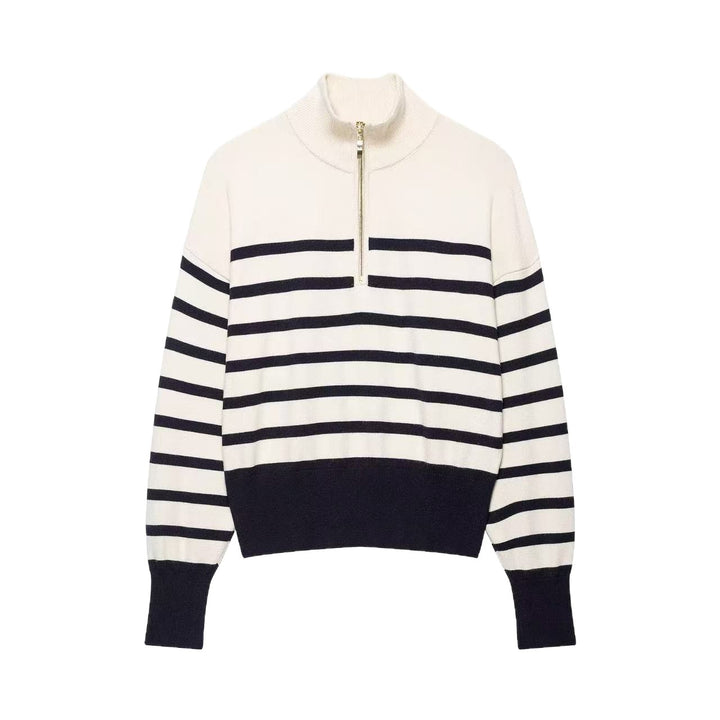 Damen Gestreifter Strickpullover mit halbem Reißverschluss und Stehkragen Echoarchiv