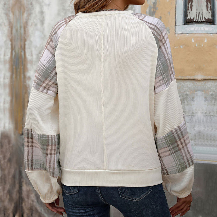 Damen Oversize-Longsleeve mit karierten Chiffon-Raglanärmeln und gerafften Manschetten Echoarchiv