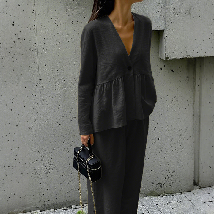 Damen nan legeres Leinenmix-Zweiteiler mit V-Ausschnitt Peplum-Bluse, Einknopfleiste und weitem Palazzo-Hosenbein Echo Archiv