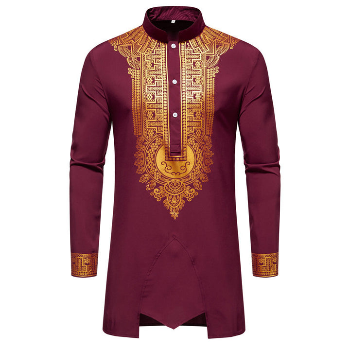 Herren Traditionelles Tunika-Set mit Stehkragen und goldfarbenem Ornamentdruck, Longshirt & Tunnelzughose Echo Archiv