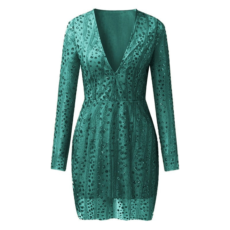Damen Elegantes Cocktailkleid mit tiefem V-Ausschnitt und funkelnden Pailletten Echo Archiv