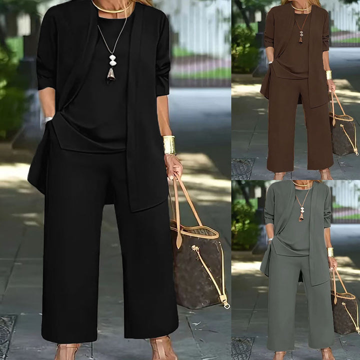 Damen Elegantes Zweiteiler-Set mit offenem Longcardigan, ärmellosem Top und weiter Palazzo-Hose – Élanora