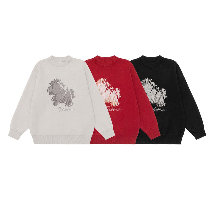 Damen Oversize-Strickpullover mit Jacquard-Hundemotiv und geripptem Saum Echo Archiv