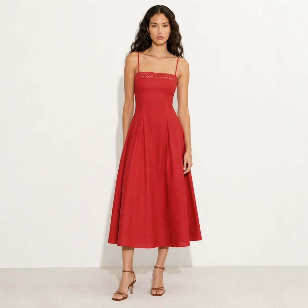 Damen nan Vintage-inspiriertes Midikleid mit schmalen Spaghettiträgern, Spitzenpassé und ausgestelltem Tellerrock Echo Archiv