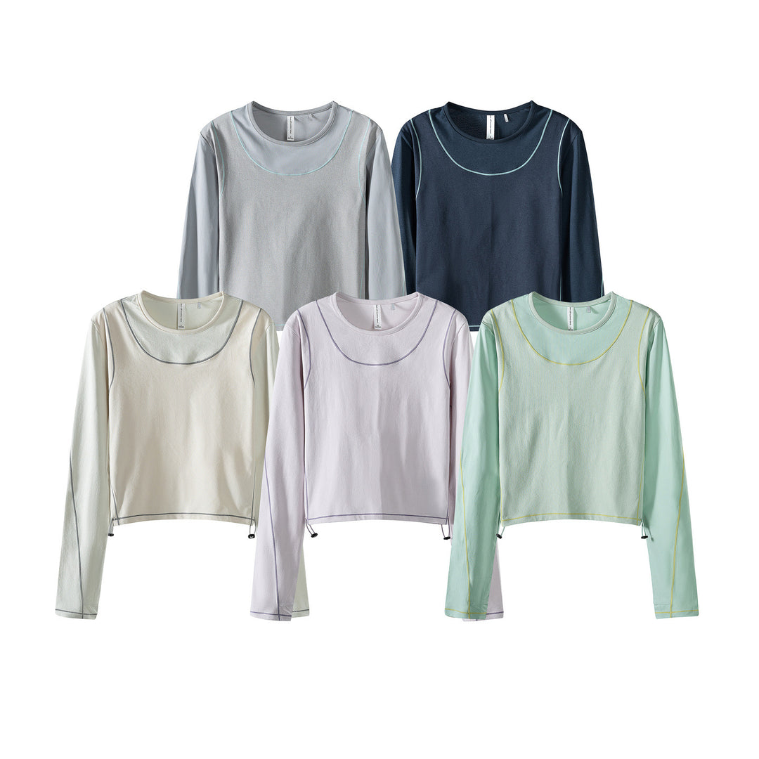 Damen Leichtes cropped Layering-Longsleeve mit Mesh-Ärmeln, Kontrastnähten und Kordelzug Echoarchiv