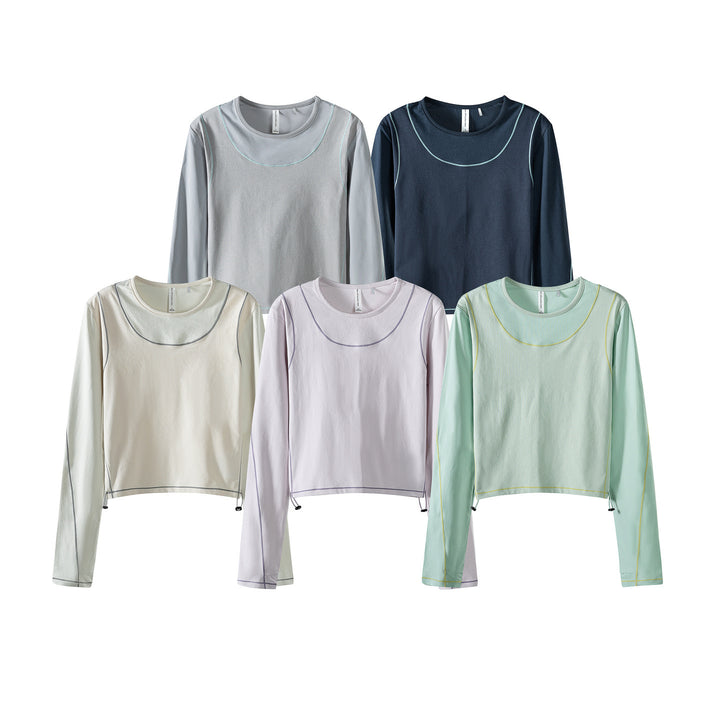 Damen Leichtes cropped Layering-Longsleeve mit Mesh-Ärmeln, Kontrastnähten und Kordelzug Echoarchiv