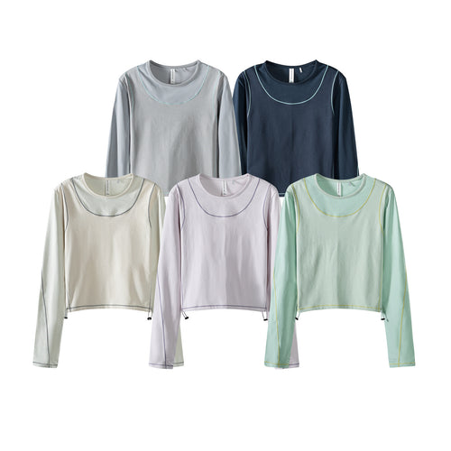 Damen Leichtes cropped Layering-Longsleeve mit Mesh-Ärmeln, Kontrastnähten und Kordelzug Echoarchiv