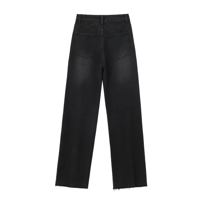 Damen hochgeschnittene weite Denimjeans mit geradem Bein und Fransensaum – Dénora