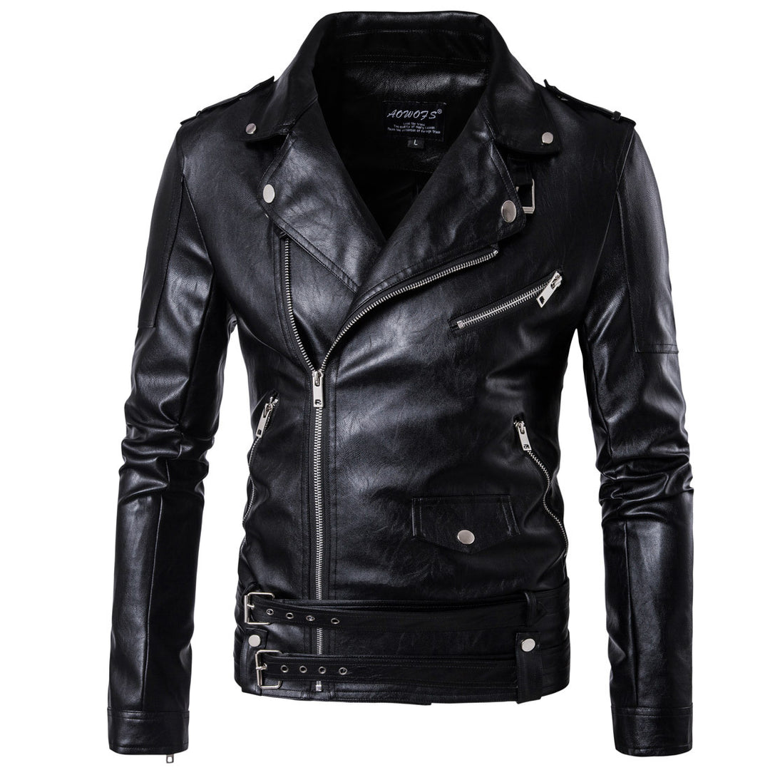 Herren Bikerjacke aus hochwertigem Leder mit asymmetrischem Reißverschluss und dekorativen Schnallen Echoarchiv
