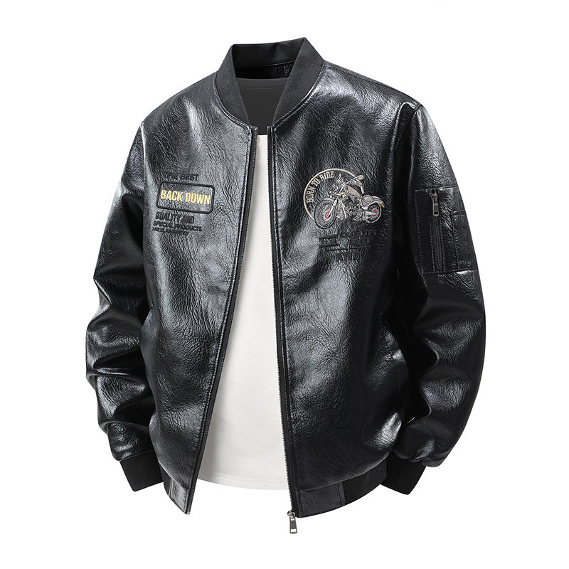 Herren Modische Kunstleder-Bomberjacke mit detaillierten Stickereien Echo Archiv