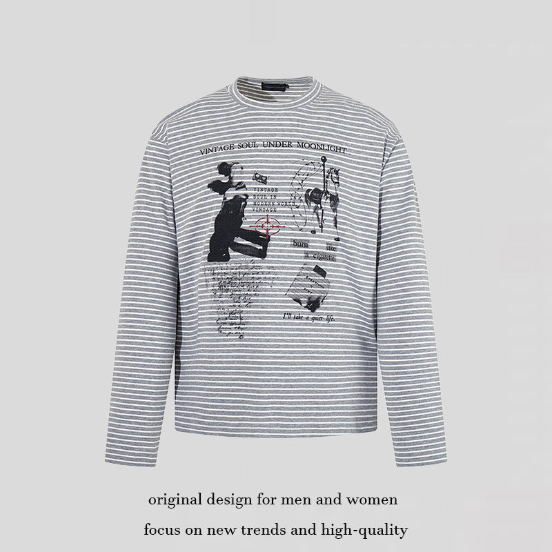 Herren Gestreiftes Longsleeve im Relaxed‑Fit mit Vintage‑Grafikprint Echoarchiv