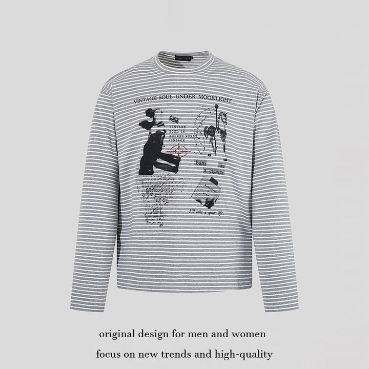 Herren Gestreiftes Longsleeve im Relaxed‑Fit mit Vintage‑Grafikprint Echoarchiv