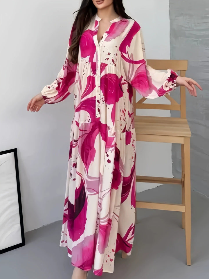 Damen Fließendes Maxikleid mit Stufenrock, überschnittenen Ballonärmeln und Stehkragen – Valéora