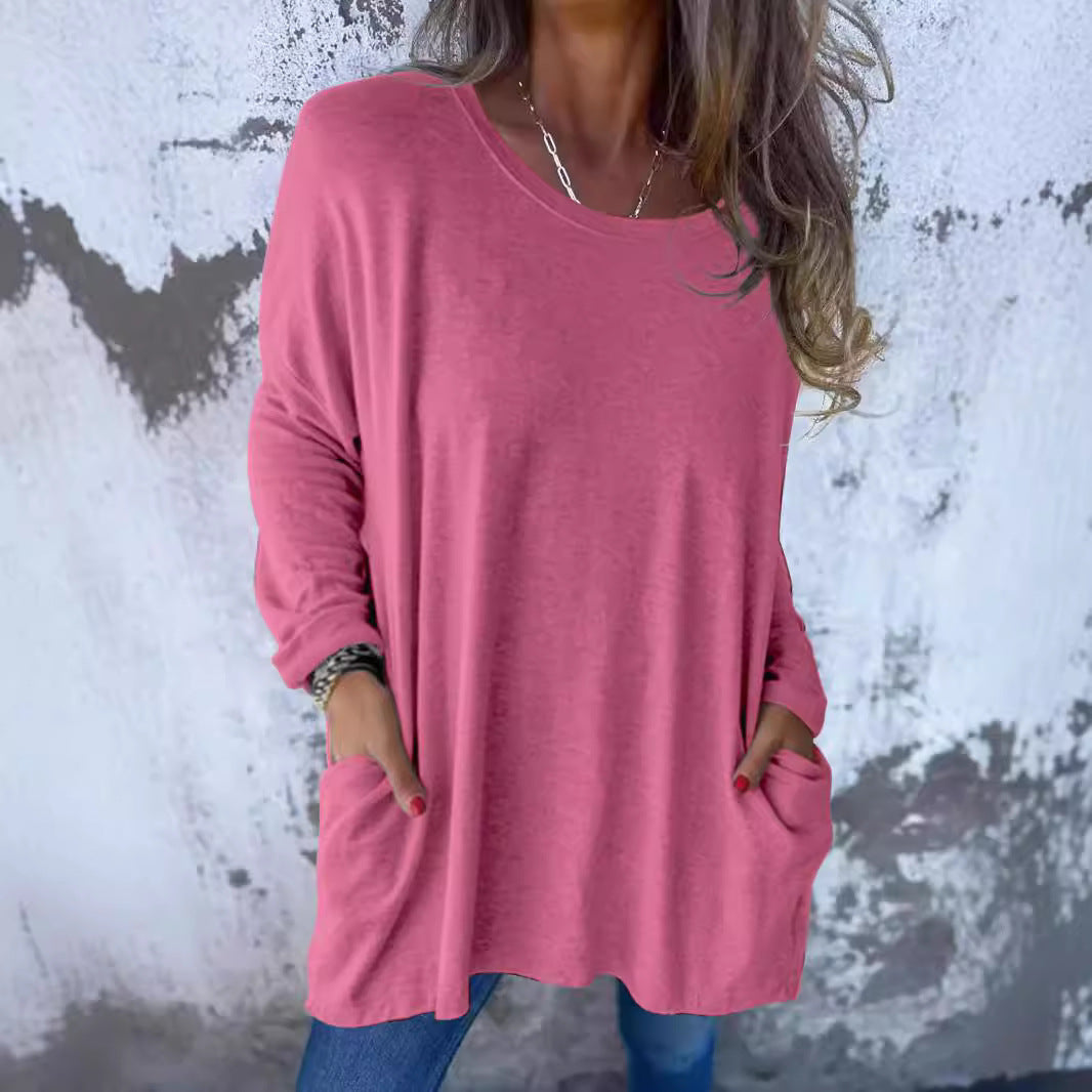 Damen Weiches Oversize Langarmshirt mit Rundhalsausschnitt, Lässigen Ärmeln und Seitentaschen – Avérine