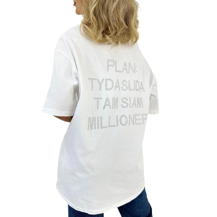 Damen oversized Statement-T-Shirt mit Strassschrift auf dem Rücken – Avérine