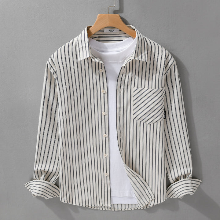 Herren Nadelstreifen-Langarm-Hemdjacke im Overshirt‑Stil aus leichtem Baumwollmix mit diagonaler Brusttasche Echoarchiv