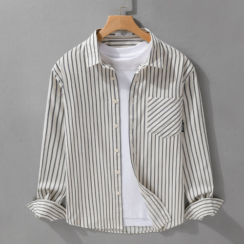 Herren Nadelstreifen-Langarm-Hemdjacke im Overshirt‑Stil aus leichtem Baumwollmix mit diagonaler Brusttasche Echoarchiv